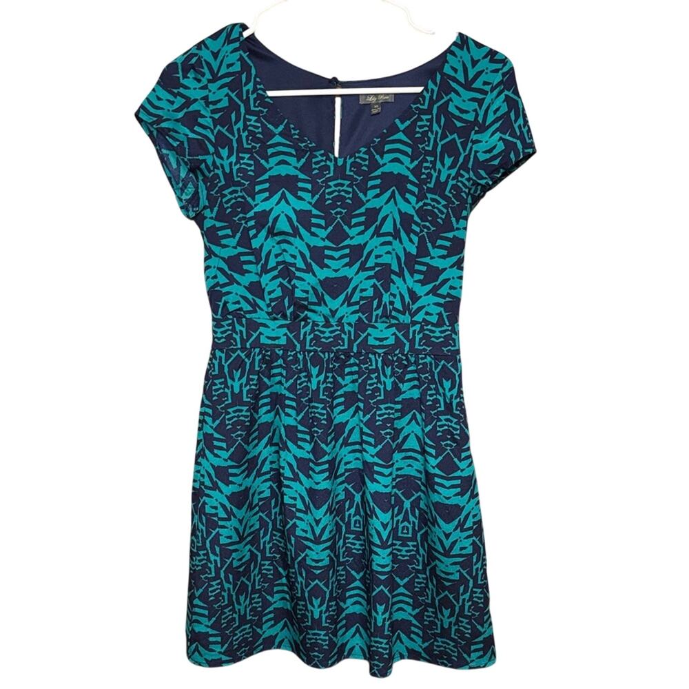 Lily Rose Blue Green Geometric Fit Flare Dress Cap Sleeve XS Mini Boho